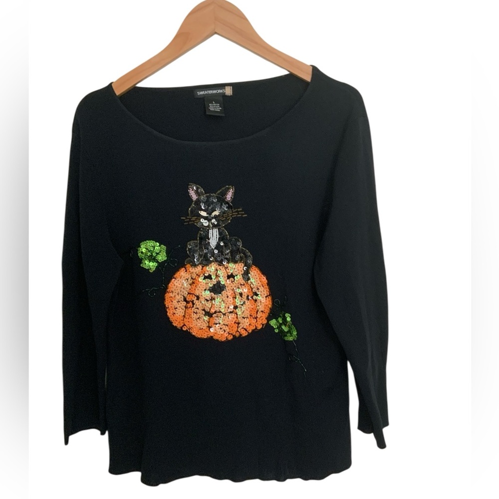 Vtg Sweater Works L Black Cat Sweater Halloween Pumpkin Sequin Novelty Creepy